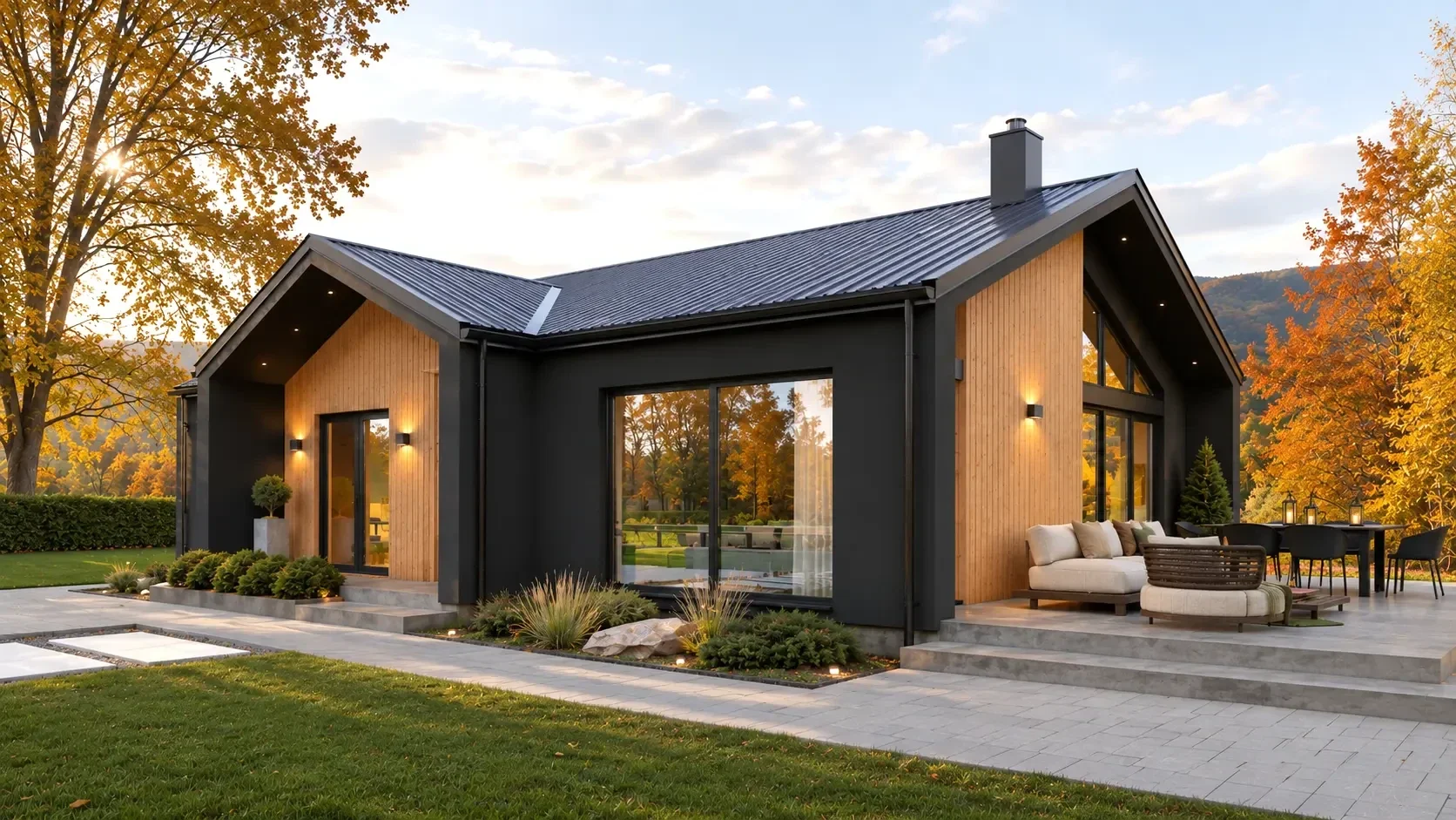 Moderner Bungalow in Holzoptik mit überdachter Terrasse