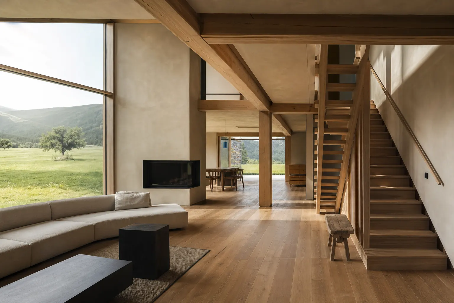 Stimmungsbild eines offenen Wohnraums mit Holzfußboden und raumhohen Fenstern